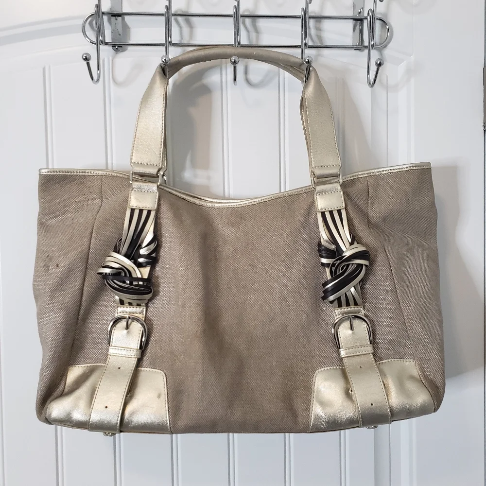 Katherine Kwei Woven Canvas Metallic And Beige Faux Leather Tote‎ Hobo Handbag